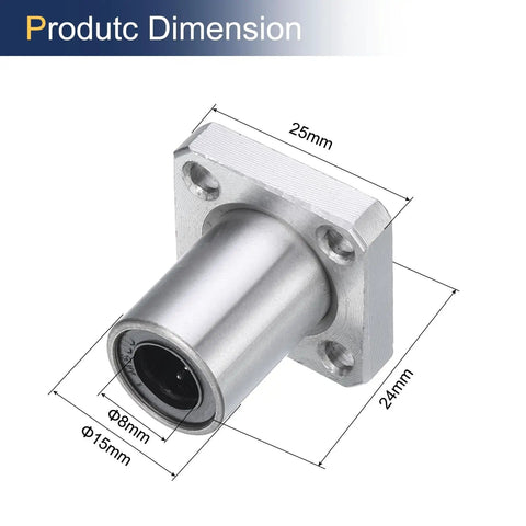 Pro Grade Lmk8Uu Linear Ball Bearings with 8mm Bore and 15mm Outer Diameter on sturdy square flange base with dimensions.