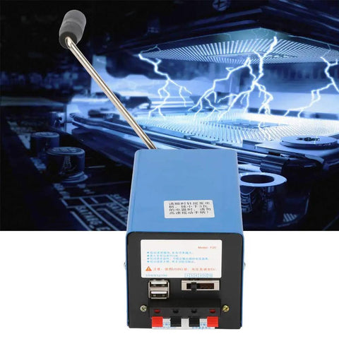 Portable Hand Crank Generator For USB Charging, 20W Emergency Power Dynamo, front view with USB ports, blue casing