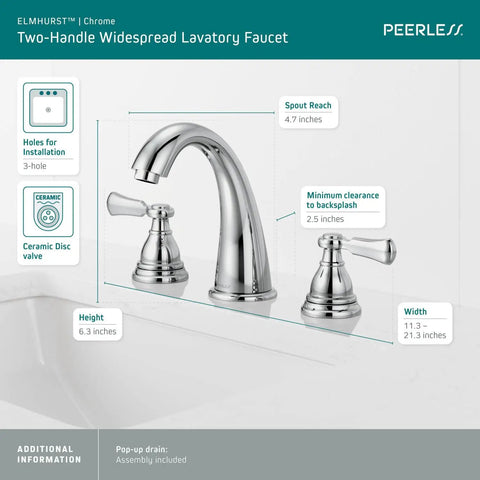 Elmhurst Two Handle Widespread Bath Faucet Chrome Finish With ADA Compliant Push Pop Up Drain WaterSense Low Flow Design