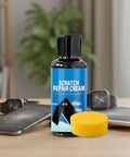Bottle of Scratch Repair Cream with yellow sponge for screens, glasses, and displays, surrounded by scratched devices on table