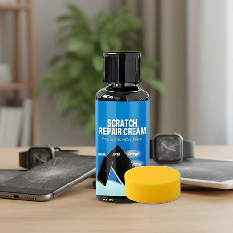 Bottle of Scratch Repair Cream with yellow sponge for screens, glasses, and displays, surrounded by scratched devices on table