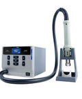 1000W Soldering Station With Intelligent Hot Air Rework For Diy Phone And PCB Repairs Three Channel Control With Adjustable Temperature And Airflow Magnetic Switch Real Time Operation And Auto Cooldown For Quick Fixes displayed with handheld tool and control panel.