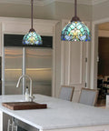 Sea Green Tiffany Pendant Light With Stained Glass, 8 Inch Wide Victorian Style Over Kitchen Island