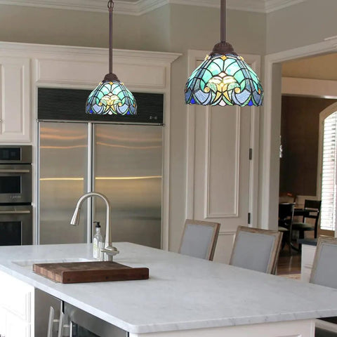 Sea Green Tiffany Pendant Light With Stained Glass, 8 Inch Wide Victorian Style Over Kitchen Island