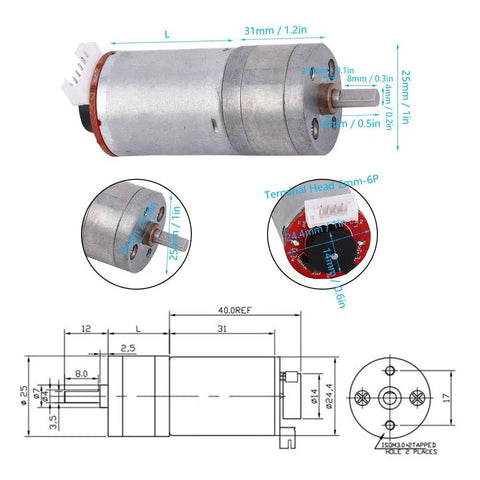 Technical drawing of DC 6V Encoder Gear Motor Kit With Mounting Bracket And 65mm Wheel Kit, showing dimensions and encoder section.