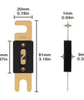 Dead Simple Wiring ANL Fuse 50 Amp Inline Blade with gold plating, showing dimensions for automotive use.