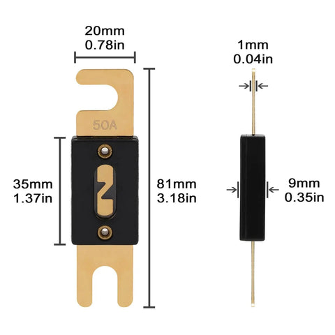 Dead Simple Wiring ANL Fuse 50 Amp Inline Blade with gold plating, showing dimensions for automotive use.
