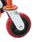 Close-up of a red and black steel caster wheel from the Rock Solid Furniture Moving Kit With 1300 Lb Rating Steel Slider Pads That Roll Smooth On Hardwood Floors While Loading Couches And Fridges No Sweat For Weekend Movers.