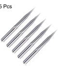 Angled front view of five-piece CNC V-bit engraving set with 1/8 in shank, 0.1 mm tip, carbide, 20° V-angle.