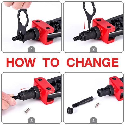 Step-by-step instructions for changing mandrel on 14 Inch Rivet Nut Tool Set With Quick Change Head Six Interchangeable Mandrels Includes 90 Rivnuts And 2 Mandrel Lock Pins Hand Rivet Nut Setter Kit For Quick Labor Saving Compact Design And No Fuss Mandrel Changes shown