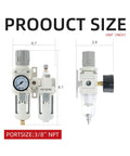 Dimensions of All-In-One Three Eighths Inch Compressed Air Filter Regulator Lubricator Combo, Model AC3010-03 NPT, side and front view.