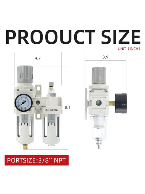 Dimensions of All-In-One Three Eighths Inch Compressed Air Filter Regulator Lubricator Combo, Model AC3010-03 NPT, side and front view.