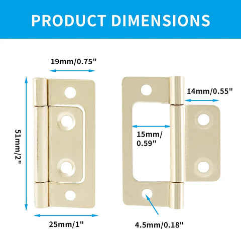 Top Shelf Non Mortise Door Hinges, 2 Inch Imitation Gold Finish, 12 Pack With Hardware dimensions diagram with measurements.