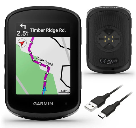 Edge 540 GPS Cycling Computer With Button Controls And Advanced Navigation Bundle showing route map and USB-C cable.