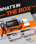 All In One 12V To 16V LiFePO4 Battery Charger 10A Mountable IP65 Waterproof Charger with cables, manual, and screws