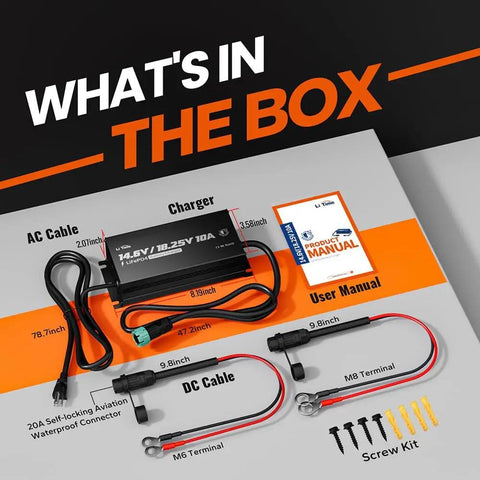 All In One 12V To 16V LiFePO4 Battery Charger 10A Mountable IP65 Waterproof Charger with cables, manual, and screws
