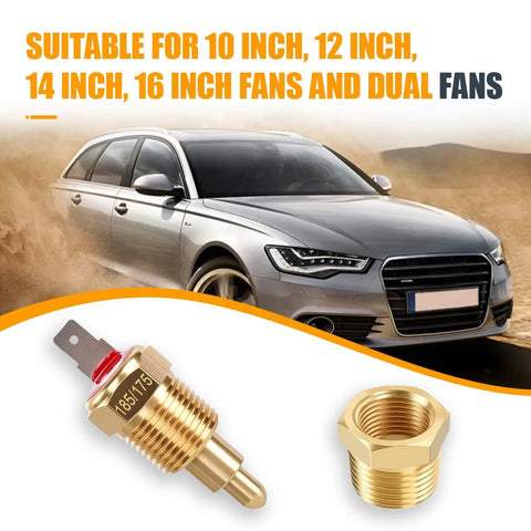 Electric Cooling Fan Thermostat Switch For Auto Radiator Temperature Sensor Switch Three Eighths Inch Pipe Thread Fits 10 Inch 12 Inch 14 Inch 16 Inch Fans Gold For Your Ride brass sensor and adapter shown with car