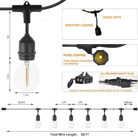 Outdoor LED String Lights 48Ft Heavy Duty Linkable Patio Lighting With Shatterproof Bulbs dimensions and connection details