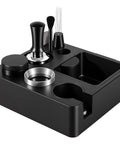 Kickass 58mm Espresso Accessories Kit With Integrated Tamping Station Knock Box Tamper features a black organized coffee workstation.