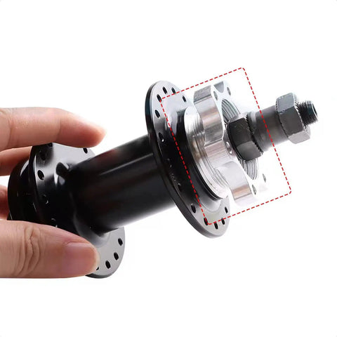 Close-up of 2 Pack 44 Mm Bike Freewheel Threaded Hub with 6 Bolt Disc Rotor Flange Adapter in hand, made from premium aluminum alloy
