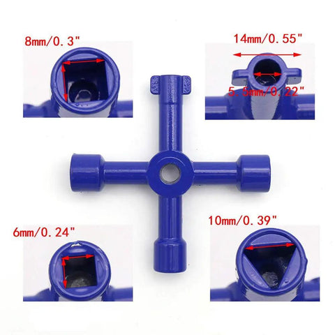 4 Way Multi Functional Utility Key Triangle And Square Wrench Set In Zinc Alloy For Train Electrical Cabinets Elevator Panels Water Meters And Valves 3 Pack In Blue, close-up of key dimensions and shapes in blue zinc alloy