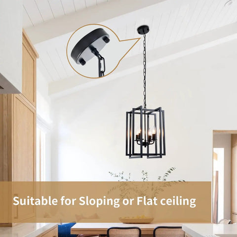 Dope Farmhouse Lantern Chandelier Black Light Fixture Four Light Rustic Industrial Pendant Lighting With Adjustable Height Modern Square Cage Hanging Lights in kitchen