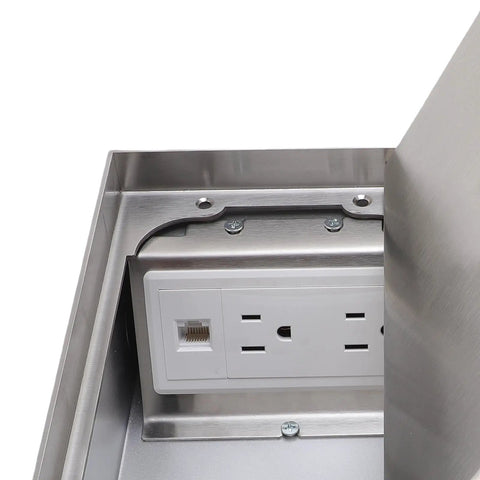 Built Tough Recessed Floor Power Outlet Kit Acting As A Smooth Operator For High Traffic Commercial Zones Kitchen Tables Flush Mount Electric Socket Silver Trim Includes USB A Port showing stainless steel housing and outlet.