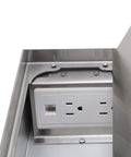 Tough As Nails Recessed Floor Power Outlet Kit With No Fuss Press Handle Cover showing USB plugs and data jack in stainless steel casing.