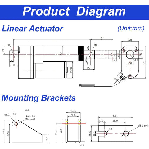 Beefy 12V Electric Linear Actuator 20 Inch Stroke 440lbs 2000N Load Capacity diagram showing measurements and mounting brackets
