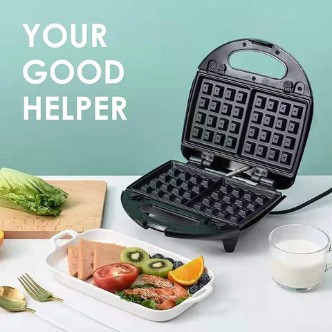 3 In 1 Breakfast Maker With Interchangeable Plates Electric Sandwich Waffle And Steak Press Stainless Steel Non Stick Coating 110V For Home Kitchen showing waffle plates and various foods.