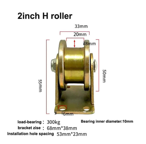 Badass 2 Inch V Groove Steel Caster Wheel For Sliding Gate And Industrial Carts Rock Solid Rigid Pulley Trolley Wire Rope Guided And 200 Kg Capacity Built Like A Tank, 2-inch H roller with dimensions and specifications.