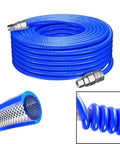 Shop Grade Heavy Duty Air Compressor Hose With C Type Quick Connect Fittings 5X8MM Rugged Polyurethane Pneumatic Tubing Non Kinking Workhorse Air Line For Garage Gear, blue coiled air hose with connectors.