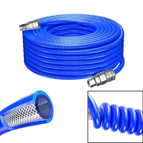 Shop Grade Heavy Duty Air Compressor Hose With C Type Quick Connect Fittings 5X8MM Rugged Polyurethane Pneumatic Tubing Non Kinking Workhorse Air Line For Garage Gear, blue coiled air hose with connectors.