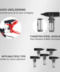 Pro Grade Airless Paint Sprayer Gun Kit Packed With Five Interchangeable Tips 311 To 619 with tungsten steel nozzle and reversible tip.