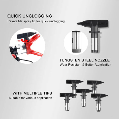 Pro Grade Airless Paint Sprayer Gun Kit Packed With Five Interchangeable Tips 311 To 619 with tungsten steel nozzle and reversible tip.