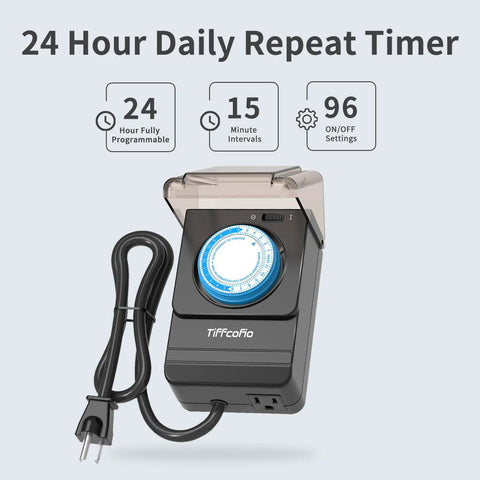 Heavy Duty Waterproof Mechanical Outdoor Timer Outlet Featuring Dual Grounded Plug In Sockets For Foolproof Daily Yard Garden And Patio Auto Lighting Schedule Setup, close up view, 24 hour programmable design.