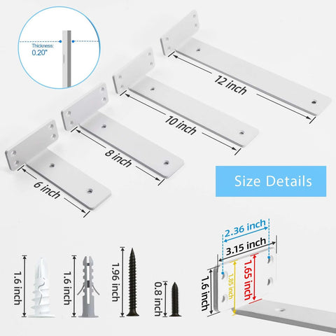 Six Inch Floating Shelf Brackets White 90 Degree Hidden L Shaped Heavy Duty Iron Hardware Size Details with Measurements
