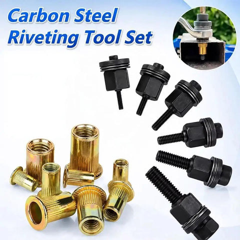 Garage Ready Carbon Steel Rivet Nut Tool Kit M3 To M8 Hand Crimping Pliers featuring various fasteners for auto panel mods.