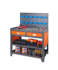 Badass Heavy Duty Steel Workbench And Garage Tool Organizer With Pegboard Lockable Drawers Hanging Parts Bins Multi Tier Shelves For Pro Workshop Shop Small, featuring blue bins and tools.
