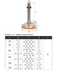 Heavy Duty Adjustable Leveling Feet Pad Mount Kit Featuring A Rock Solid Base To Bypass Equipment Wobble And Keep Your Setup Locked Down Tight with detailed size chart.
