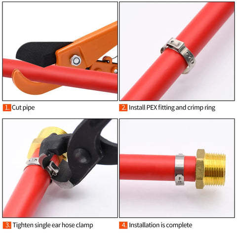 Installation steps of 200 Pack One Half Inch PEX Cinch Clamps, Stainless Steel Single Ear Hose Clamps For PEX Pipe, 360 Degree Seal