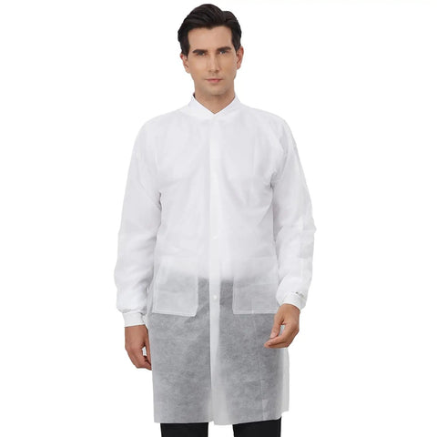 Model wearing Disposable Lab Coats For Adults With Pockets White Lab Jackets With Knitted Cuffs And Collar Pack Of 10 Large