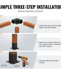 Three-step installation guide for Heavy Duty 4x4 Pergola Brackets Kit with 3-Way Corner Design, showcasing bracket and drill usage.