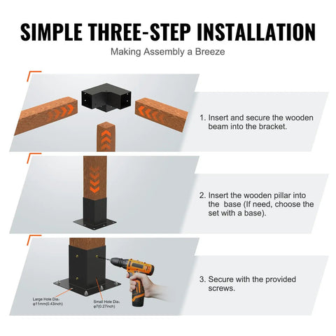 Three-step installation guide for Heavy Duty 4x4 Pergola Brackets Kit with 3-Way Corner Design, showcasing bracket and drill usage.