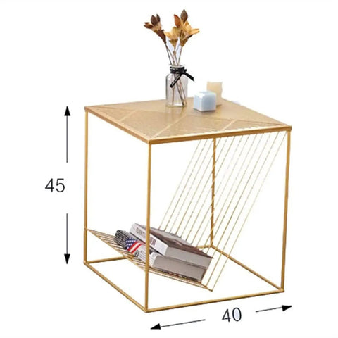Straight Up Solid Industrial Wood Look End Table With Bottom Storage Shelf Slick Modern Side Desk with gold frame and lower shelf.