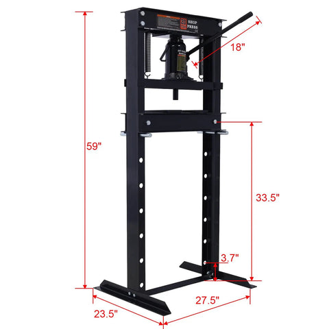 Garage Workhorse 20 Ton Hydraulic Shop Press With Rock Solid H Frame Floor Mount Stand For Weekend Warriors And Pro Shops in black, 27.5x23.5x59 inches.