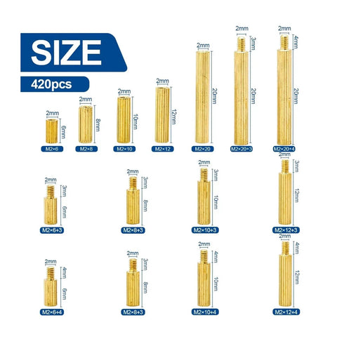 Knurled Round Brass Standoff Spacer Kit Dope 420 Or 440 Pieces M2 Male Female Mounting Hardware With Screws Nuts For Motherboard PCB Projects Precise Durable Spacing And Solid Mounting, 420pcs size chart