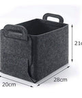 Hassle Free Big Time Foldable Cotton Storage Basket With Smooth Braided Handles Easy Slide Shelf Cube Tote For Closet Organization Car Trunks And Weekend Getaways in dark gray felt, measuring 28x20x21cm.