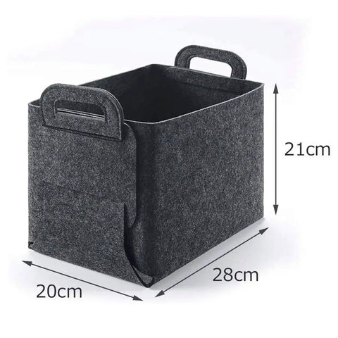 Hassle Free Big Time Foldable Cotton Storage Basket With Smooth Braided Handles Easy Slide Shelf Cube Tote For Closet Organization Car Trunks And Weekend Getaways in dark gray felt, measuring 28x20x21cm.