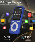 64GB Bluetooth MP3 Player With HiFi Lossless Sound, Built-In Speaker, Voice Recorder, And Shuffle with micro SD slot visible.